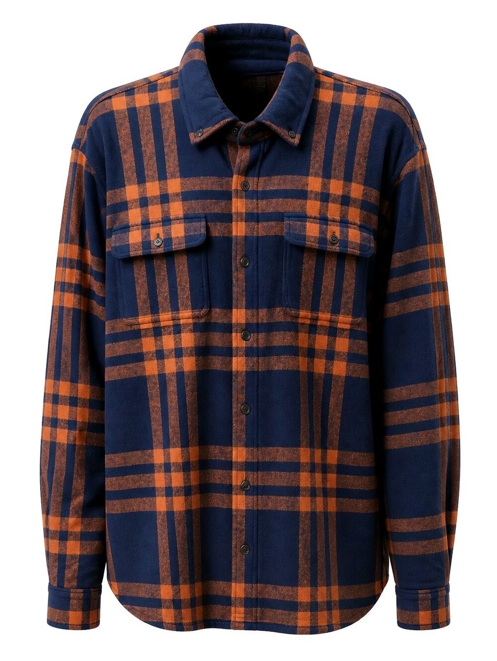 ORVIS Men's Navy and Orange Plaid Button-Up Softest Jacket Shirt